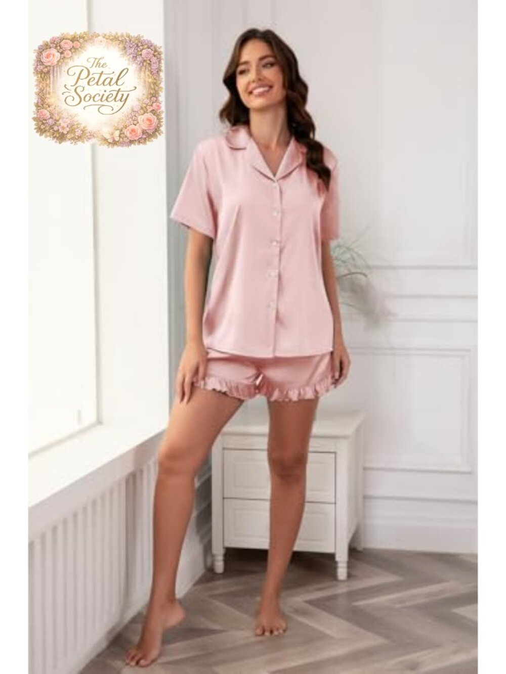 Satin Pajama Set Womens Short Sleeve Button Down 2 Piece Sleepwear Lounge - Picture 3 of 6